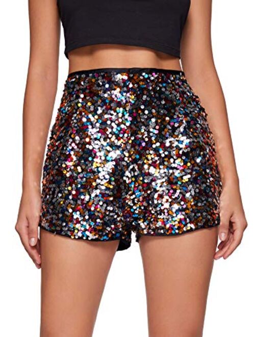 Verdusa Women's High Waist Sequin Zip Up Glitter Clubwear Shorts