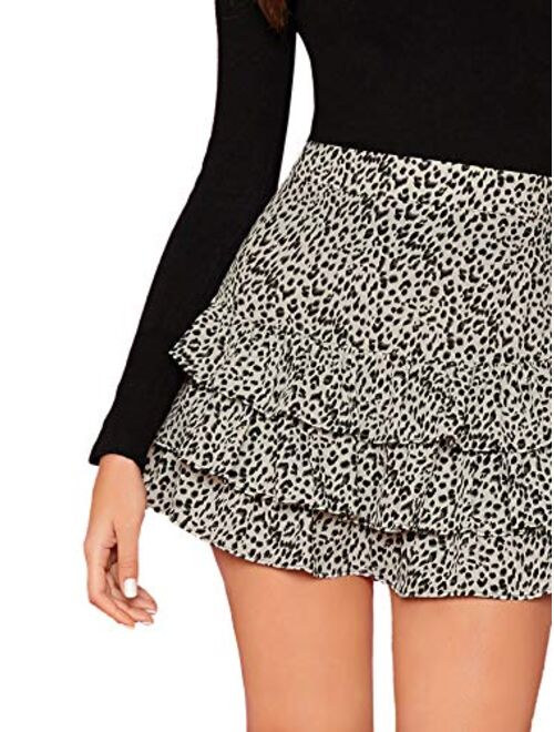 Verdusa Women's Leopard Print Layered Ruffle Hem Mini Skirt
