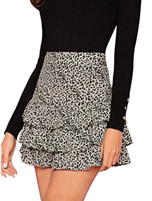 Verdusa Women's Leopard Print Layered Ruffle Hem Mini Skirt