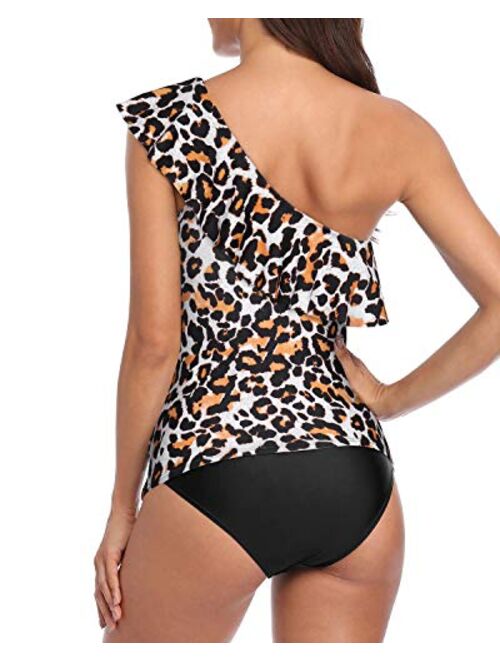 Yonique Womens One Shoulder Slimming Tankini Swimsuit Ruffle Two Piece Swimwear Strapless Swim Suit
