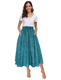 Afibi Women High Waist Floral Print Swing Chiffon Beach Midi Long Skirt with Pockets