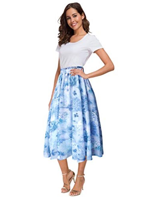 Afibi Women High Waist Floral Print Swing Chiffon Beach Midi Long Skirt with Pockets