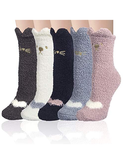 Fuzzy Socks,5 Pairs Fluffy Fuzzy Socks for Women Cute Plush Slipper Cozy Socks Women Indoors