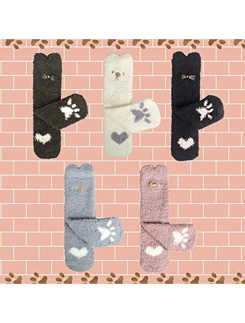 Fuzzy Socks for Women Winter Warm Slipper Cozy Fluffy Socks Cat Animal Christmas Gifts Home Sleeping Socks 5 Pairs