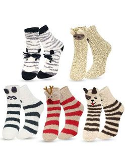 Womens Fuzzy Socks - Plush Slipper Socks Winter Warm Fuzzy Crew Socks Fluffy Cozy Christmas 3D Animal Socks