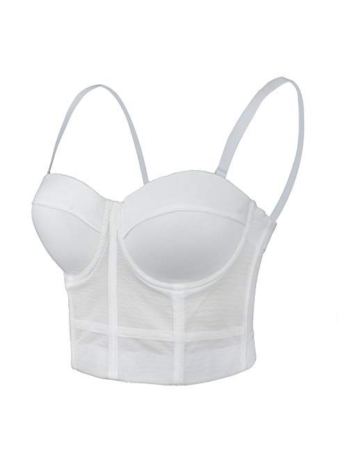 Buy ELLACCI Women's White Mesh Bustier Crop Top Push Up Corset Top Bralet with Detachable Strap
