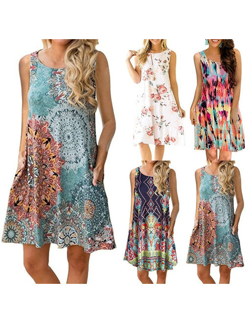 Women Fashion Sleeveless O-neck Print Casual Loose Mini Dress Summer Party Dress