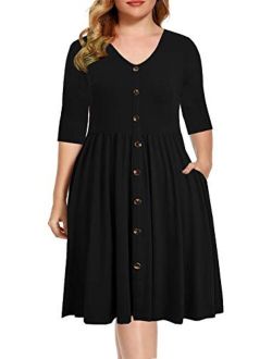 BEDOAR Women's Casual Plus Size Dress V-Neck Knee-Length A-Line Party Cocktail Swing Dress with Pockets