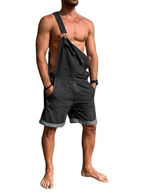 Karlywindow Men's Denim Loose Fit Summer Walk Shorts Above Knee Length Shortalls Bib Overall Shorts