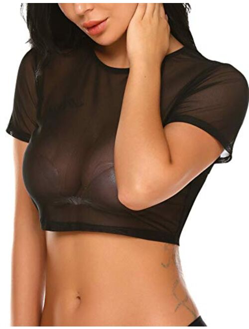 Avidlove Mesh Crop Top for Women Short Sleeve Bodycon Tees See Through Blouse O Neck Clubwear