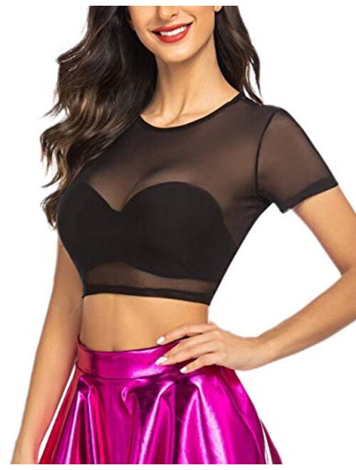 Avidlove Mesh Crop Top for Women Short Sleeve Bodycon Tees See Through Blouse O Neck Clubwear