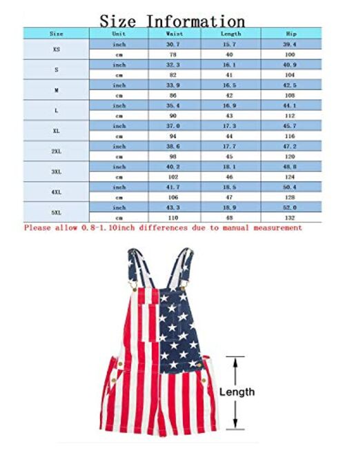 YXLUOKY Unisex Men's Women's Patriotic American Flag Print Denim Bib Overall Shorts Jeans