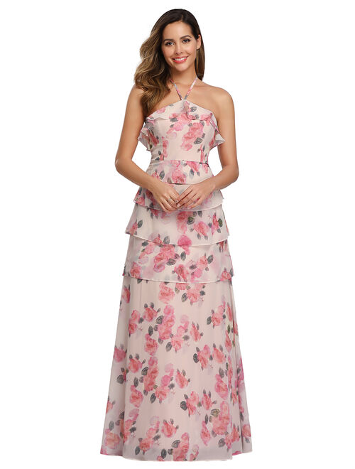 Ever-Pretty Women's Elegant Long Floral Print Halter Bridesmaid Wedding Guest Maxi Dresses for Women 07239 Pink US 4