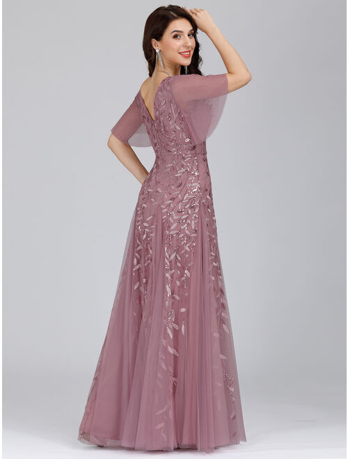 Ever-Pretty Women's V-Neck Embroidery Short Sleeve Wedding Party Evening Dress 00734 Dusty Pink US4