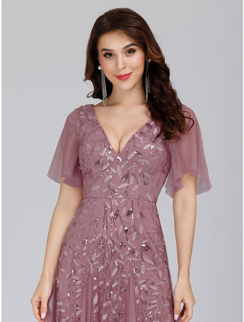 Ever-Pretty Women's V-Neck Embroidery Short Sleeve Wedding Party Evening Dress 00734 Dusty Pink US4