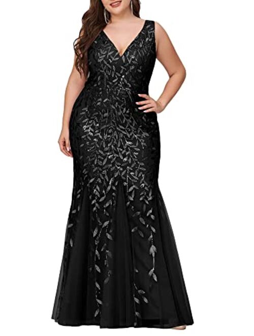 Ever-Pretty Women's Double V-Neck Sleeveless Mermaid Dress Plus Size Evening Prom Dress 78862 Black US14