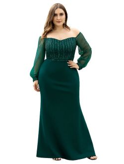 Women's Off Shoulder Sequin Dress Formal Plus Size Wedding Party Dress 07112 Dark Green US22