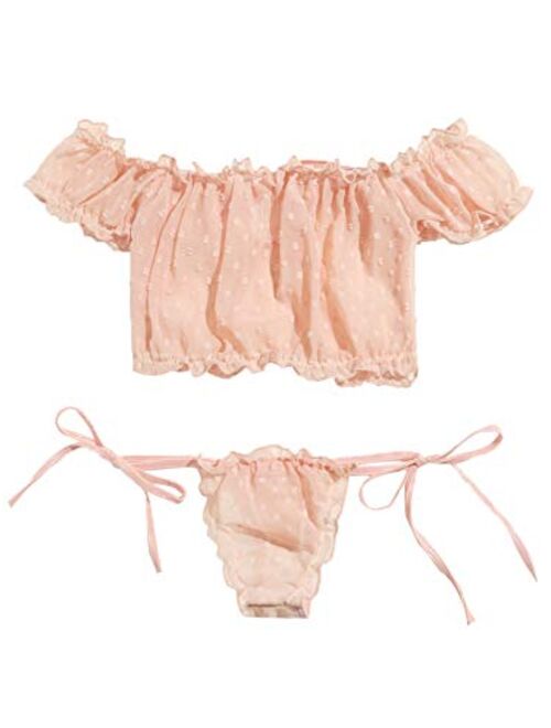 SheIn Women's Self Tie Ruffle Trim Dobby Mesh Lingerie Set Sexy Bra and Panty
