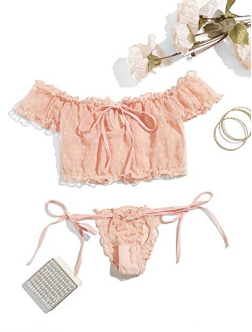 SheIn Women's Self Tie Ruffle Trim Dobby Mesh Lingerie Set Sexy Bra and Panty