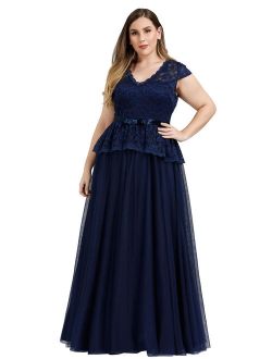 Women's Cap Sleeve Floral Lace Wedding Guest Dress Plus Size Evening Dresss 00992 Navy Blue US4