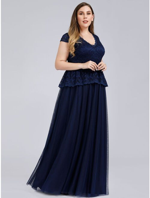 Ever-Pretty Women's Cap Sleeve Floral Lace Wedding Guest Dress Plus Size Evening Dresss 00992 Navy Blue US4