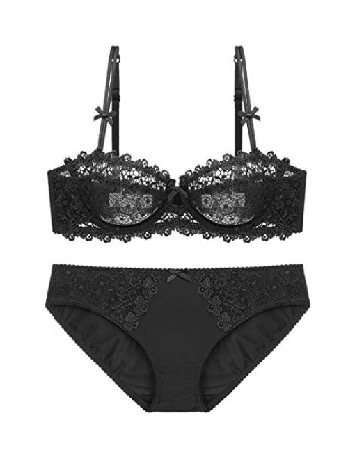 Women Sheer Lace Bra and Panty Set Underwire Push Up Soft Lingerie Set
