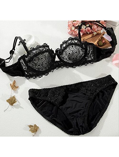 Women Sheer Lace Bra and Panty Set Underwire Push Up Soft Lingerie Set