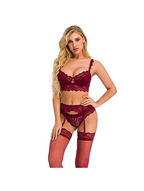 Women's Sexy Push Up Embroidery Lace Bra and Panties Lingerie Set (Suspender Garter Belt & Stockings Optional)