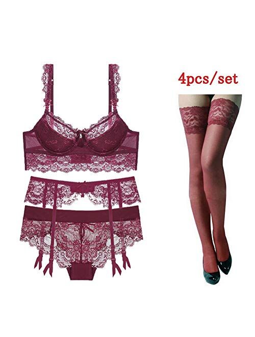 Women's Sexy Push Up Embroidery Lace Bra and Panties Lingerie Set (Suspender Garter Belt & Stockings Optional)