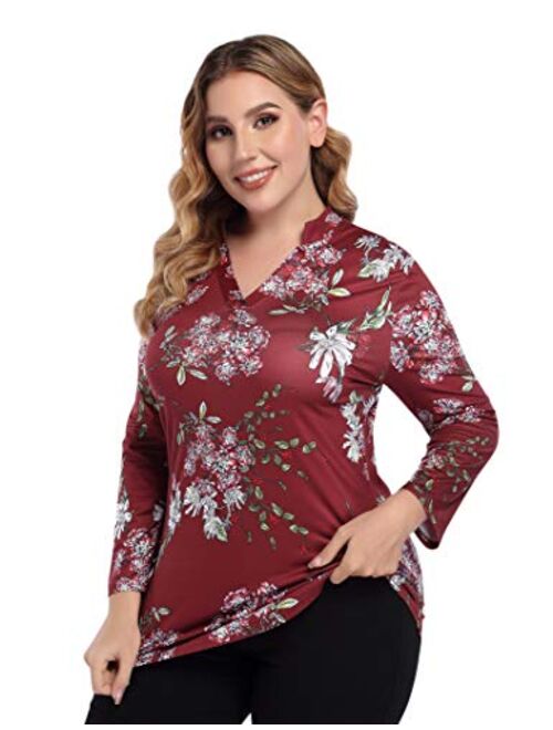 AMZ PLUS Plus Size Womens Henley Shirt Loose Fit Tunic Casual Work Blouse V Neck Tops