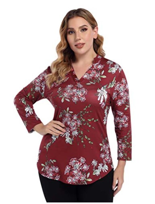 AMZ PLUS Plus Size Womens Henley Shirt Loose Fit Tunic Casual Work Blouse V Neck Tops