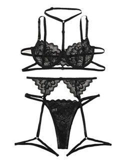 Women's Floral Lace Embroideried Sheer Garter Lingerie Set with Choker