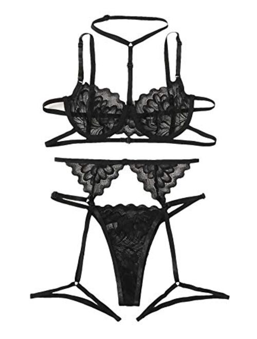 Buy Shein Women S Floral Lace Embroideried Sheer Garter Lingerie Set With Choker Online Topofstyle