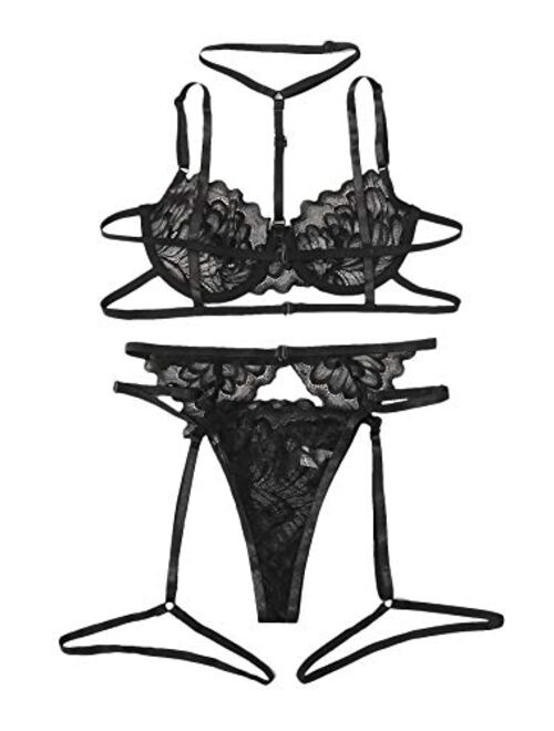 SheIn Women's Floral Lace Embroideried Sheer Garter Lingerie Set with Choker