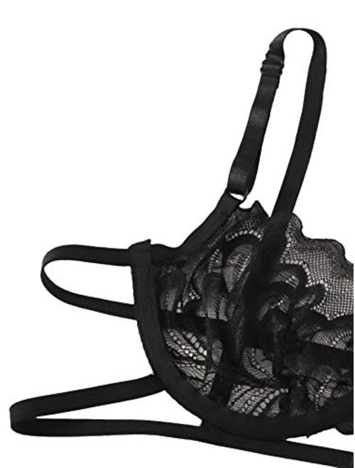 SheIn Women's Floral Lace Embroideried Sheer Garter Lingerie Set with Choker