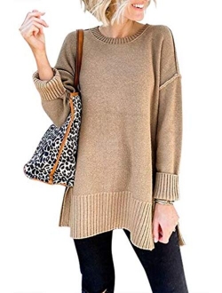 Women's Casual Crew Neck Side Split Pullover Sweater Loose Long Sleeve Jumper Top