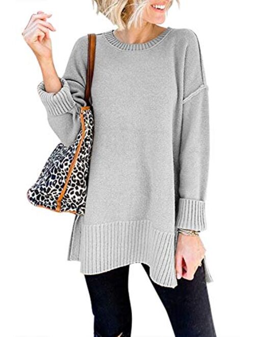 MEROKEETY Women's Casual Crew Neck Side Split Pullover Sweater Loose Long Sleeve Jumper Top