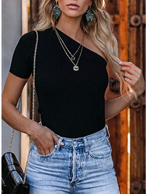REORIA Womens Sexy One Shoulder Short Sleeve Knit Ribbed Top Bodysuits