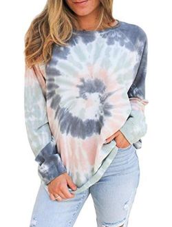 Women's Casual Color Block Tie Dye Crewneck Long Sleeve Loose Pullover Sweatshirt Tops