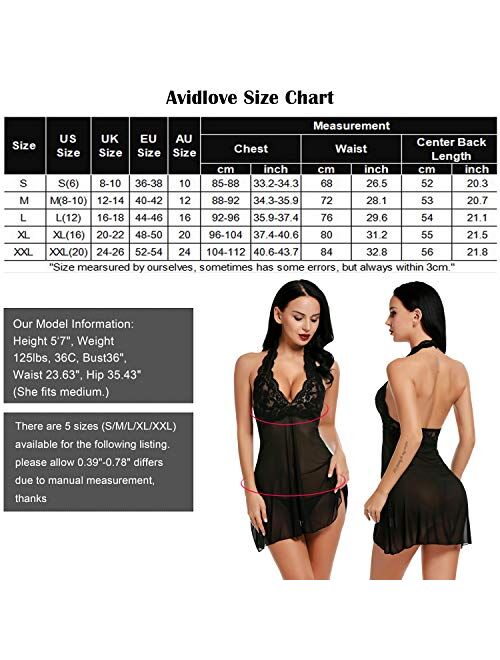 Avidlove Women Lingerie Halter Chemise Lace Babydoll Mesh Nightwear V Neck Teddy