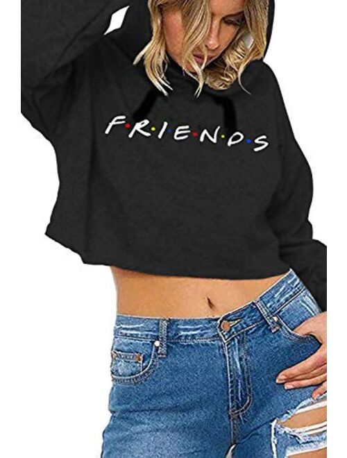 Idepet Womens Casual Friends Letters Print Crop Top Loose Pullover Friends Shirt Teen Girl TV Show Hoodie Sweatshirt