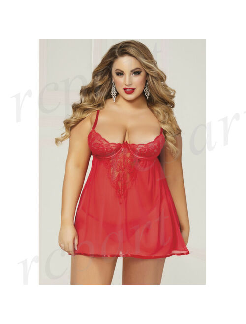 New Women lingerie lace two piece babydoll set red plus size 10826XP valentine