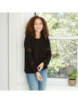 Women's Crewneck Chenille Pullover Sweater with Pointelle Sleeves - Knox Rose