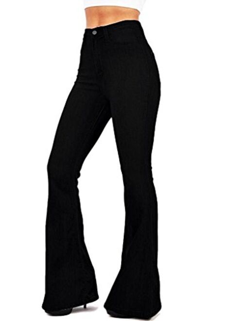 BISUAL Women's Fashion High Rise Jeans Slimming Wide Leg Stretch Denim Flare Bellbottom Jeans