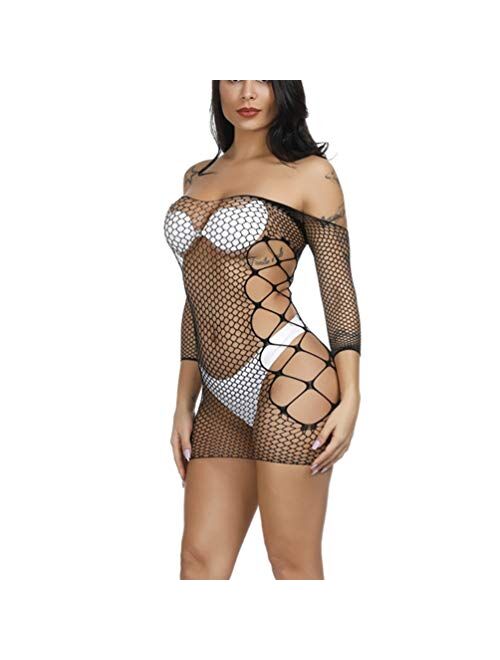 BECHARNY Fishnet Lingerie Plus Size Mesh Fishnet Bodysuit for Women Long Sleeve for Women