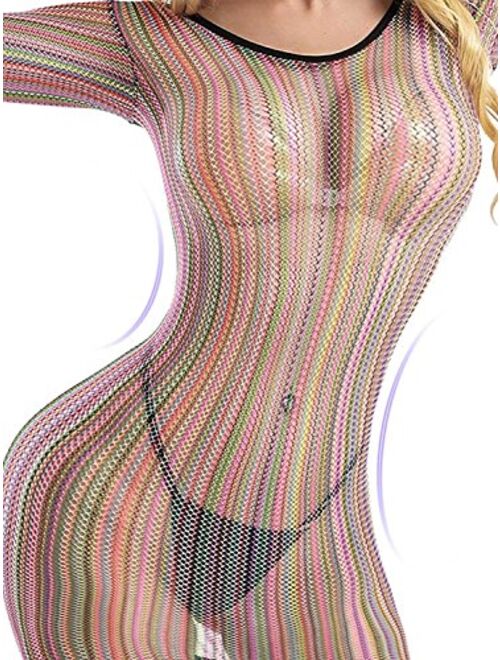 Vorifun Women Lingerie Rainbow Fishnet Babydoll Halter Stretch Chemise Mini Dress One Size 