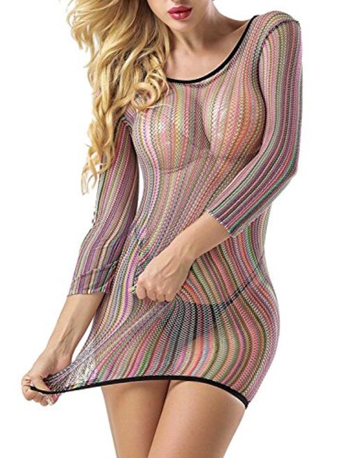 EVAbaby Women Lingerie Rainbow Fishnet Babydoll Sexy Mini Dress Stretch Halter Chemise