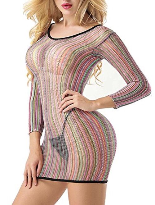 EVAbaby Women Lingerie Rainbow Fishnet Babydoll Sexy Mini Dress Stretch Halter Chemise