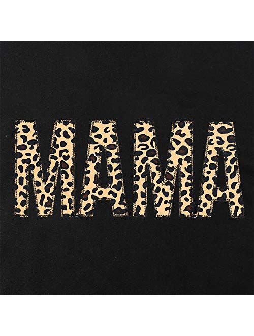 Mama Sweatshirt Women Leopard Print Embroidery Mom Life Pullover Top Casual Long Sleeve Blouse Tee
