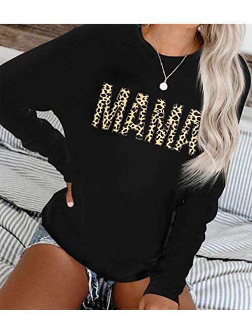 Mama Sweatshirt Women Leopard Print Embroidery Mom Life Pullover Top Casual Long Sleeve Blouse Tee